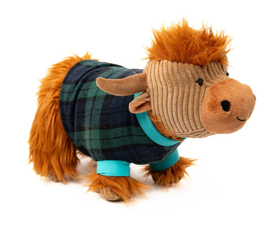 Corduroy Highland Cow Soft Toy in Tartan Jumper