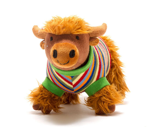 Knitted Highland Cow Soft Toy with Striped Jumper