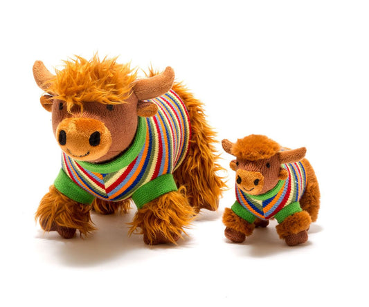 Highland Cow Knitted Baby Rattle with Striped Jumper