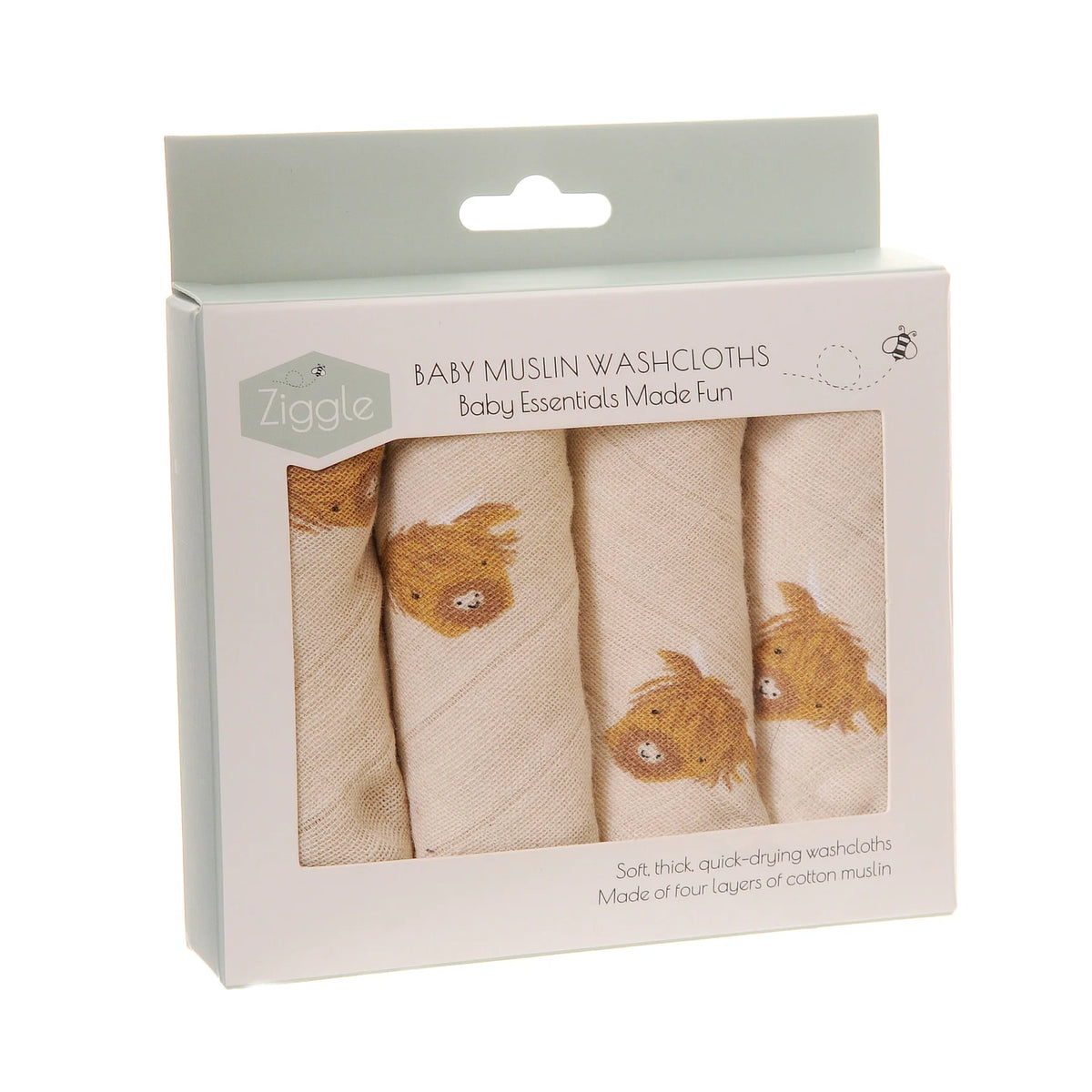 Pack of baby muslin washcloths with animal designs in packaging
