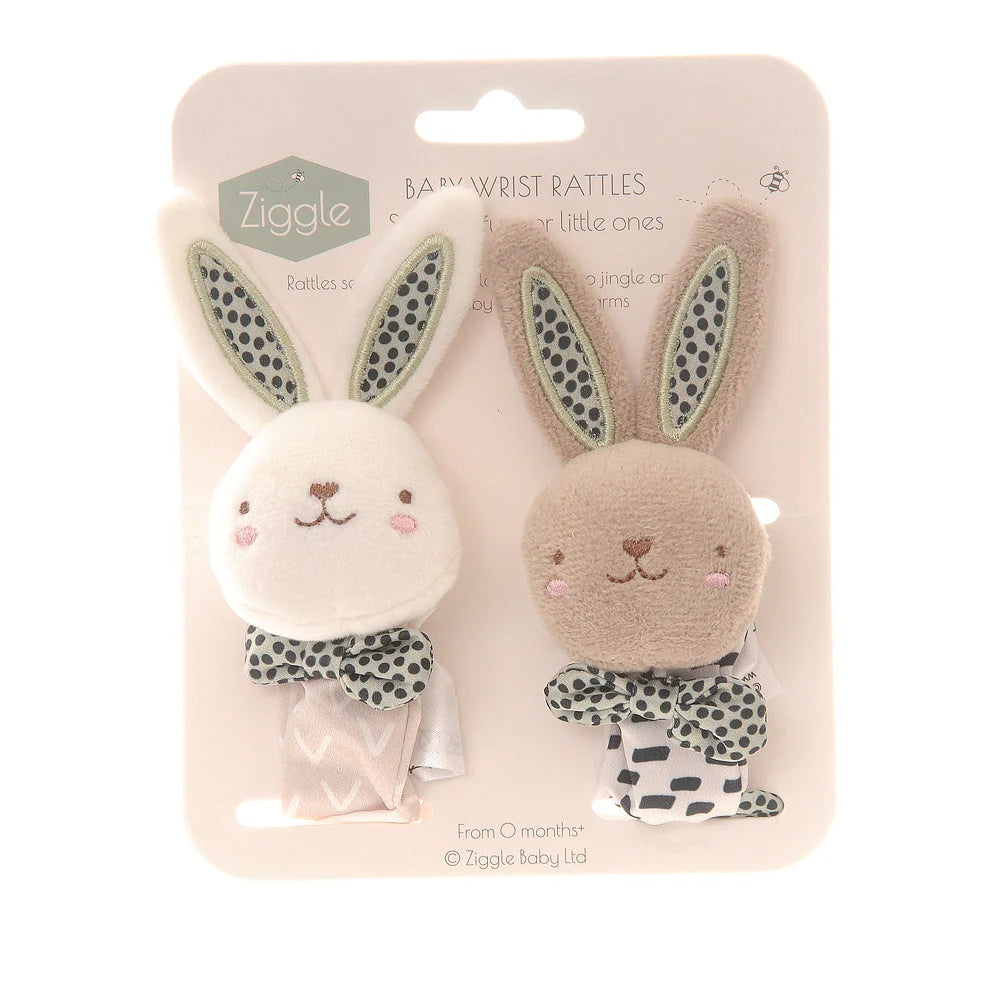 Ziggle baby wrist rattles with bunny design on packaging