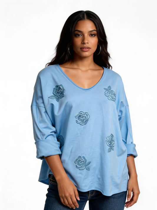 Knit Sweater with Floral Button Detail - Sky Blue
