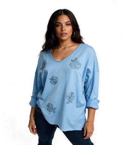 Knit Sweater with Floral Button Detail - Sky Blue