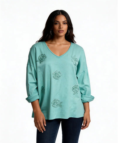 Knit Sweater with Floral Button Detail - Mint