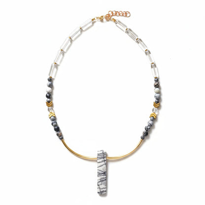 Glass, Gold plated Hematite and Natural Black Silk Stone Necklace
