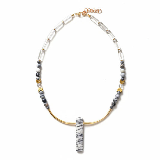 Glass, Gold plated Hematite and Natural Black Silk Stone Necklace