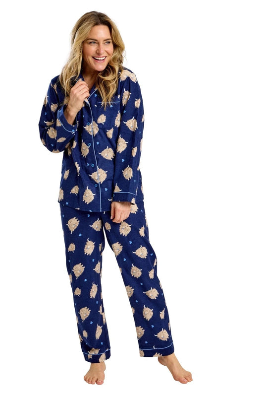 100% Cotton Highland Cow Soft Wincey Pyjama Set Nightwear - Navy