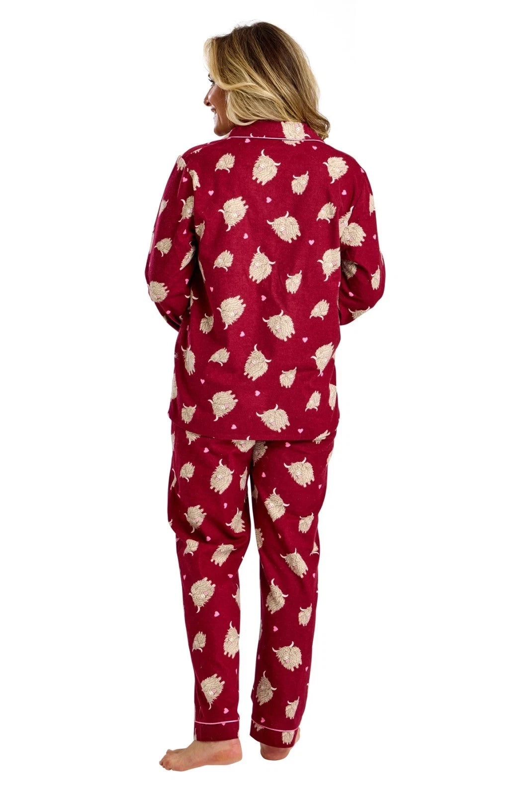 100% Cotton Highland Cow Soft Wincey Pyjama Set Nightwear - Burgundy