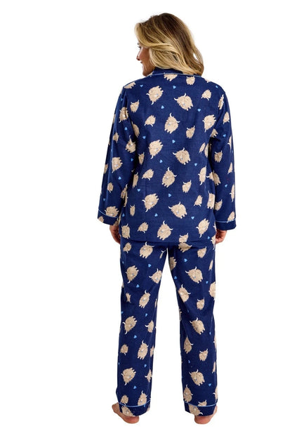 100% Cotton Highland Cow Soft Wincey Pyjama Set Nightwear - Navy