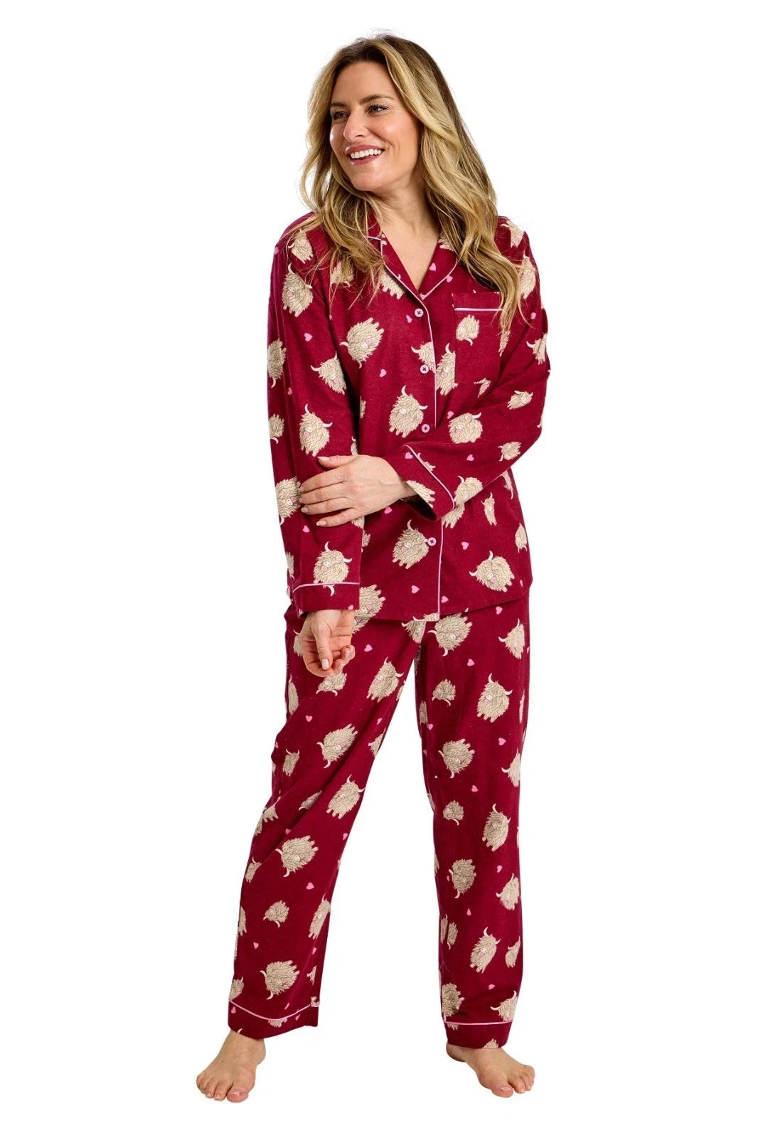 100% Cotton Highland Cow Soft Wincey Pyjama Set Nightwear - Burgundy