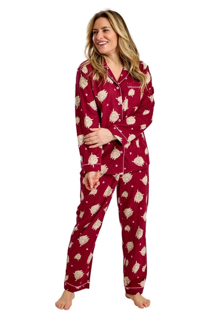 100% Cotton Highland Cow Soft Wincey Pyjama Set Nightwear - Burgundy